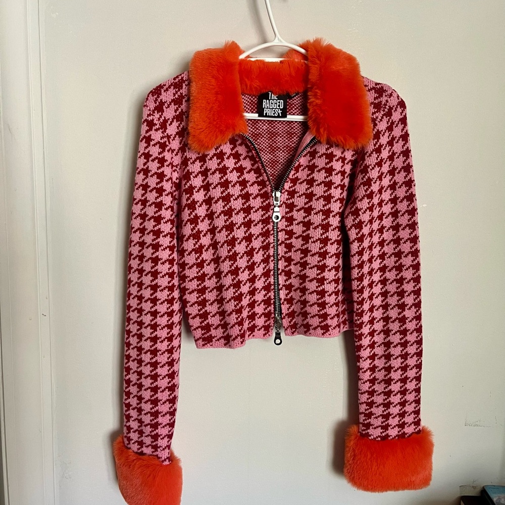 The Ragged Priest Pink & Red Houndstooth Zip Cardi with Orange Faux Fur Trim